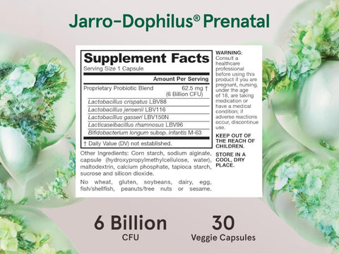 Jarrow Formulas Jarro-Dophilus Prenatal Maternity Probiotics 6 Billion CFU – 30 Veggie Capsules Supplement Facts panel
