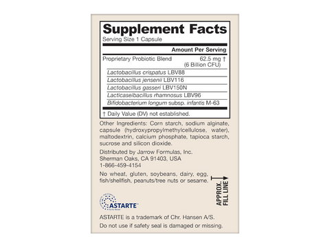 Jarrow Formulas Jarro-Dophilus Prenatal Maternity Probiotics 6 Billion CFU – 30 Veggie Capsules Supplement Facts panel