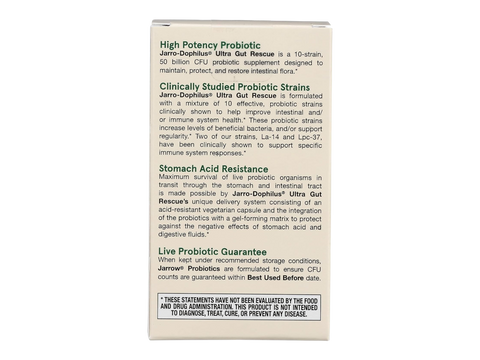 Jarrow Formulas Jarro-Dophilus Ultra Gut Rescue 50 Billion CFU Probiotic Supplement – 60 Delayed Release Veggie Capsules benefits infographic for digestive and intestinal flora support