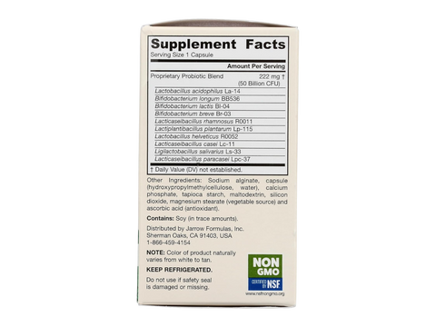 Jarrow Formulas Jarro-Dophilus Ultra Gut Rescue 50 Billion CFU Probiotic Supplement – 60 Delayed Release Veggie Capsules Supplement Facts panel