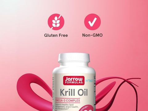 Jarrow Formulas Krill Oil Omega-3 Supplement – 60–120 Softgels bottle angled view with softgels