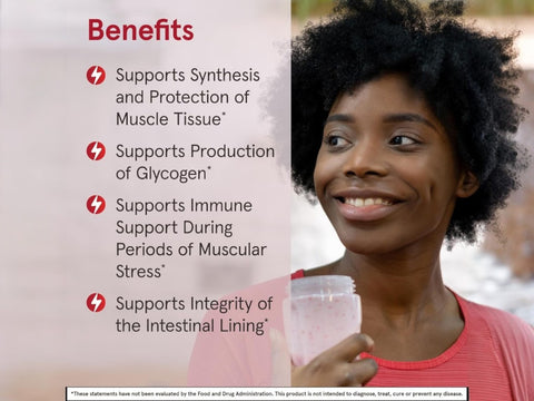 Jarrow Formulas L-Glutamine Powder Amino Acid Supplement – 1000 g benefits infographic for muscle recovery and intestinal support