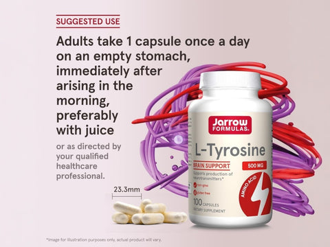 Jarrow Formulas L-Tyrosine 500 mg Amino Acid Supplement – 100 Capsules How to Use directions label