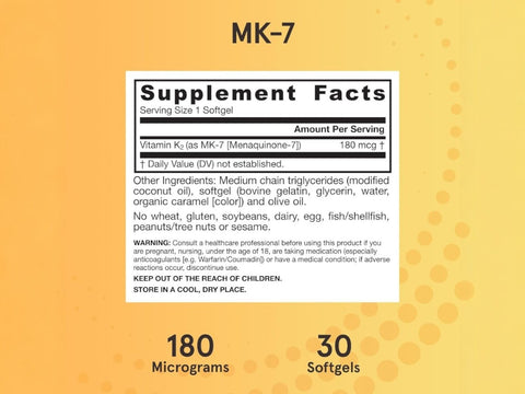 Jarrow Formulas MK-7 180 mcg Vitamin K2 Supplement – 30 Softgels Supplement Facts panel