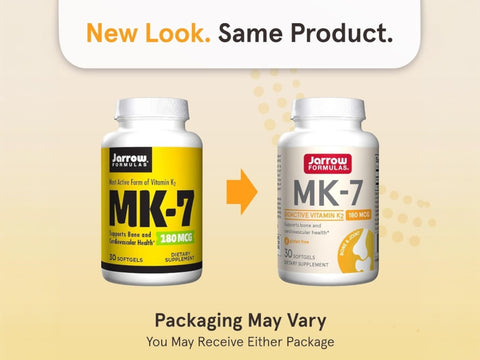 Jarrow Formulas MK-7 180 mcg Vitamin K2 Supplement – 30 Softgels bottle front view- Packaging Mary Vary
