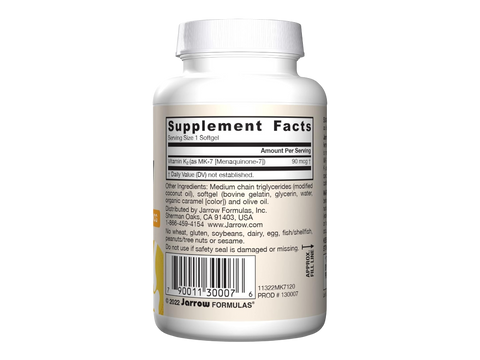 Jarrow Formulas MK-7 90 mcg Vitamin K2 Supplement – 120 Softgels product barcode on bottle