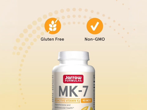 Jarrow Formulas MK-7 90 mcg Vitamin K2 Supplement – 60–120 Softgels bottle angled view with softgels