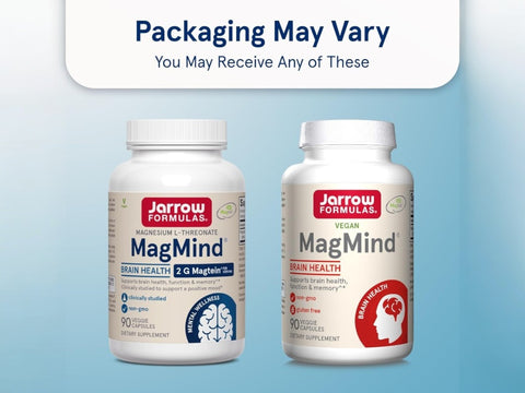 Jarrow Formulas MagMind Magnesium L-Threonate Brain Health Supplement – 90 Veggie Capsules bottle front view packaging may vary
