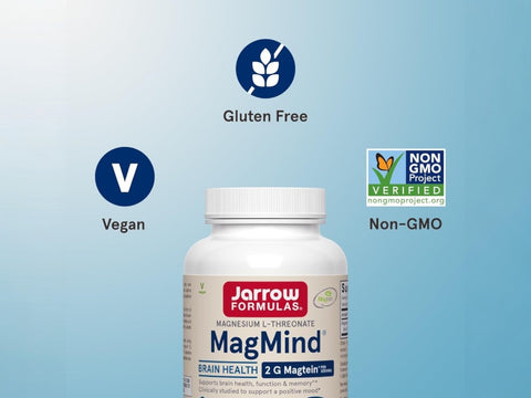 Jarrow Formulas MagMind Magnesium L-Threonate Brain Health Supplement – 90 Veggie Capsules bottle angled view