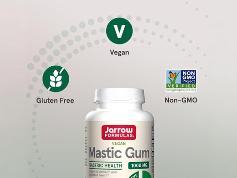 Jarrow Formulas Mastic Gum 1000 mg Digestive Health Supplement – 60–120 Veggie Capsules bottle angled view
