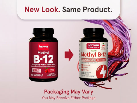 Jarrow Formulas Methyl B-12 Cherry 5000 mcg Vitamin B12 Supplement – 60–90 Chewable Tablets bottle front view- Packaging May Vary