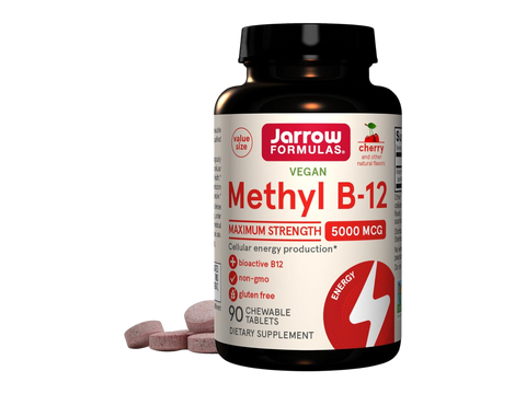 Jarrow Formulas Methyl B-12 Cherry 5000 mcg Vitamin B12 Supplement – 60–90 Chewable Tablets benefits infographic for energy metabolism and nervous system support