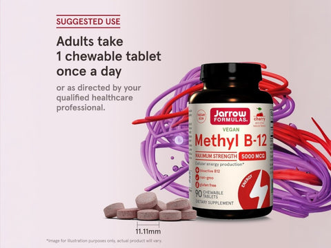 Jarrow Formulas Methyl B-12 Cherry 5000 mcg Vitamin B12 Supplement – 60–90 Chewable Tablets How to Use directions label