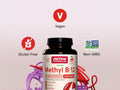 Jarrow Formulas Methyl B-12 Cherry 5000 mcg Vitamin B12 Supplement – 60–90 Chewable Tablets bottle angled view