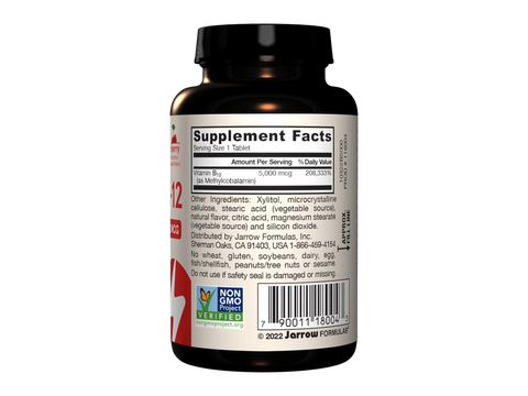 Jarrow Formulas Methyl B-12 Cherry 5000 mcg Vitamin B12 Supplement – 60–90 Chewable Tablets product barcode on bottle