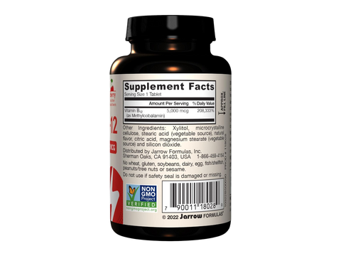 Jarrow Formulas Methyl B-12 Cherry 5000 mcg Vitamin B12 Supplement – 60–90 Chewable Tablets product barcode on bottle