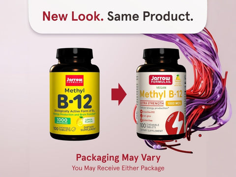 Jarrow Formulas Methyl B-12 Lemon 1000 mcg Vitamin B12 Supplement – 100 Chewable Tablets bottle front view- Packaging May Vary