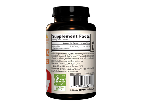 Jarrow Formulas Methyl B-12 Tropical 2500 mcg Vitamin B12 Supplement – 100 Chewable Tablets product barcode on bottle