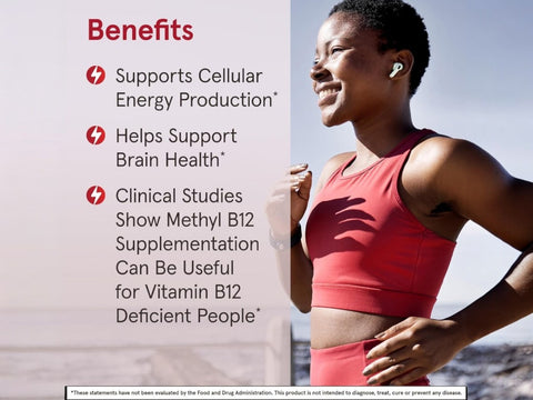 Jarrow Formulas Methyl B-12 Tropical 2500 mcg Vitamin B12 Supplement – 100 Chewable Tablets benefits infographic for energy metabolism and nervous system support
