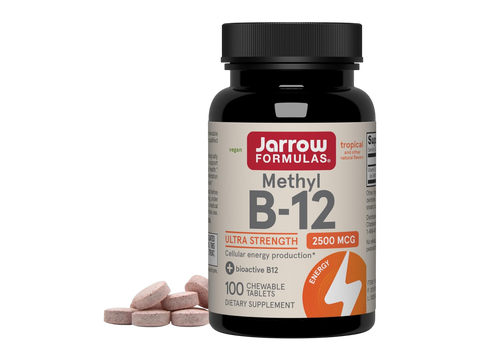Jarrow Formulas Methyl B-12 Tropical 2500 mcg Vitamin B12 Supplement – 100 Chewable Tablets bottle front view