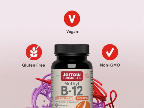 Jarrow Formulas Methyl B-12 Tropical 2500 mcg Vitamin B12 Supplement – 100 Chewable Tablets bottle angled view