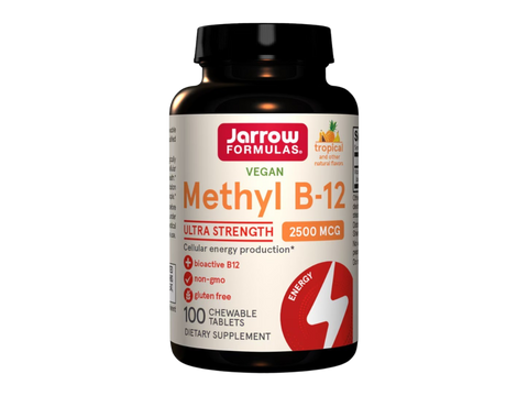 Jarrow Formulas Methyl B-12 Tropical 2500 mcg Vitamin B12 Supplement – 100 Chewable Tablets bottle front view