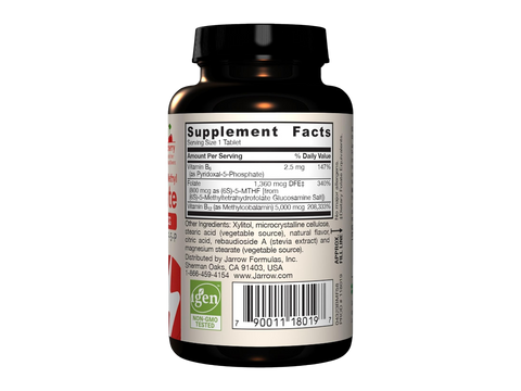 Jarrow Formulas Methyl B-12 and Methyl Folate Cherry Vitamin B Supplement – 60 Chewable Tablets product barcode on bottle