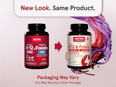 Jarrow Formulas Methyl B-12 and Methyl Folate Cherry Vitamin B Supplement – 60 Chewable Tablets bottle front view packaging may vary