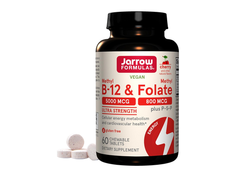 Jarrow Formulas Methyl B-12 and Methyl Folate Cherry Vitamin B Supplement – 60 Chewable Tablets bottle front view