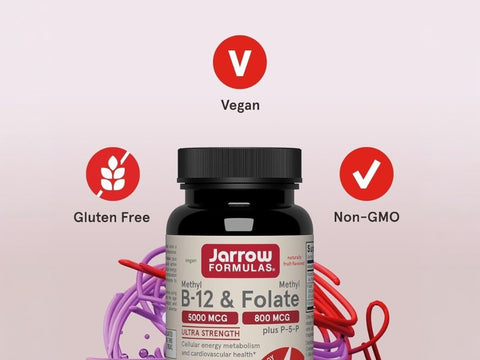 Jarrow Formulas Methyl B-12 and Methyl Folate Cherry Vitamin B Supplement – 60 Chewable Tablets bottle angled view