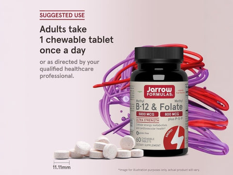 Jarrow Formulas Methyl B-12 and Methyl Folate Cherry Vitamin B Supplement – 60 Chewable Tablets How to Use directions label
