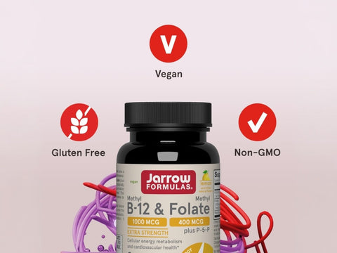 Jarrow Formulas Methyl B-12 and Methyl Folate Vitamin B Supplement – 100 Chewable Tablets bottle angled view