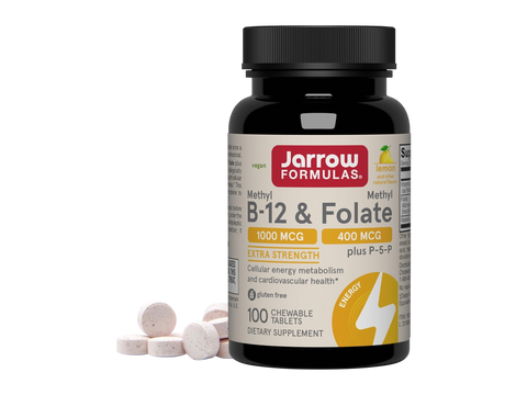 Jarrow Formulas Methyl B-12 and Methyl Folate Vitamin B Supplement – 100 Chewable Tablets bottle front view