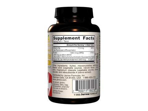 Jarrow Formulas Methyl B-12 and Methyl Folate Vitamin B Supplement – 100 Chewable Tablets product barcode on bottle