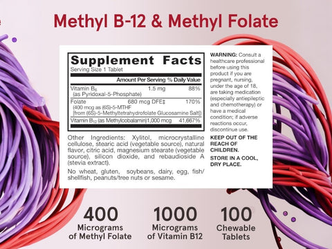 Jarrow Formulas Methyl B-12 and Methyl Folate Vitamin B Supplement – 100 Chewable Tablets Supplement Facts panel