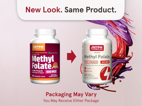 Jarrow Formulas Methyl Folate 400 mcg Folate Supplement – 60 Veggie Capsules bottle front view packaging may vary