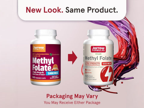 Jarrow Formulas Methyl Folate 1000 mcg Folate Supplement – 100 Veggie Capsules bottle front view packaging may vary