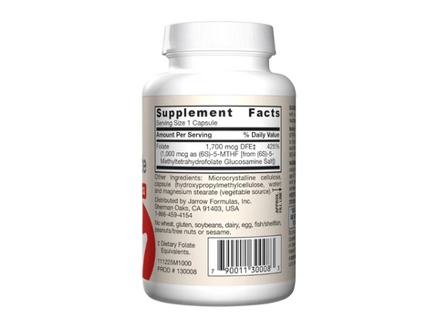 Jarrow Formulas Methyl Folate 1000 mcg Folate Supplement – 100 Veggie Capsules product barcode on bottle