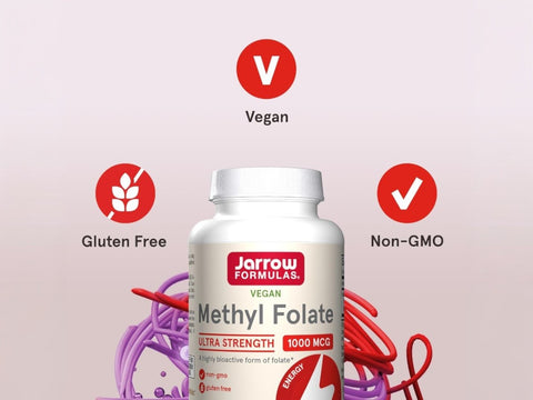 Jarrow Formulas Methyl Folate 1000 mcg Folate Supplement – 100 Veggie Capsules bottle angled view