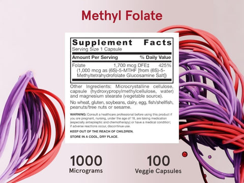 Jarrow Formulas Methyl Folate 1000 mcg Folate Supplement – 100 Veggie Capsules Supplement Facts panel