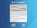 Jarrow Formulas NAC Sustain N-Acetyl-L-Cysteine 600 mg Antioxidant Supplement – 60 Tablets Supplement Facts panel
