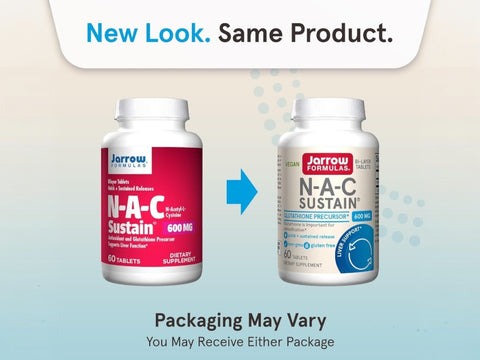 Jarrow Formulas NAC Sustain N-Acetyl-L-Cysteine 600 mg Antioxidant Supplement – 60 Tablets bottle front view packaging may vary