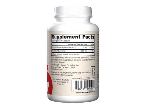 Jarrow Formulas N-Acetyl Tyrosine 350 mg Amino Acid Supplement – 120 Capsules Supplement Facts & barcode panel