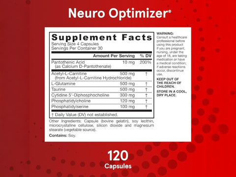 Jarrow Formulas Neuro Optimizer Brain Health and Cognitive Support Supplement – 120 Capsules Supplement Facts panel