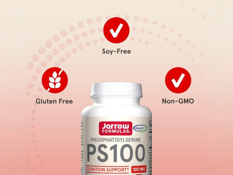 Jarrow Formulas PS 100 Phosphatidylserine 100 mg Brain Health Supplement – 30–60 Softgels bottle angled view with softgels