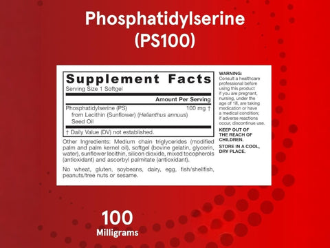 Jarrow Formulas PS 100 Phosphatidylserine 100 mg Brain Health Supplement – 30–60 Softgels Supplement Facts panel