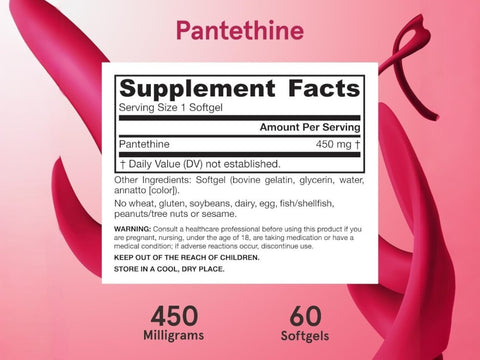 Jarrow Formulas Pantethine 450 mg Vitamin B5 Derivative Supplement – 60 Softgels Supplement Facts panel