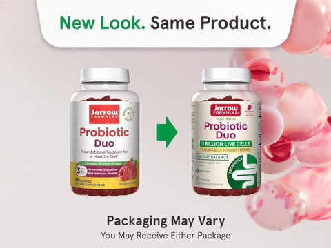 Jarrow Formulas Probiotic Duo Gummies Probiotic Supplement – 60 Count bottle front view packaging may vary