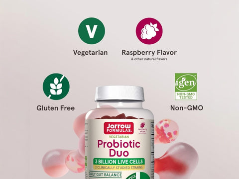Jarrow Formulas Probiotic Duo Gummies Probiotic Supplement – 60 Count bottle angled view with gummies