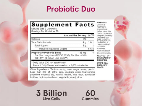 Jarrow Formulas Probiotic Duo Gummies Probiotic Supplement – 60 Count Supplement Facts panel